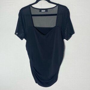 DKNY Black Short Sleeve Ruched Blouse With Sheer Mesh Sleeves & Shoulders XL